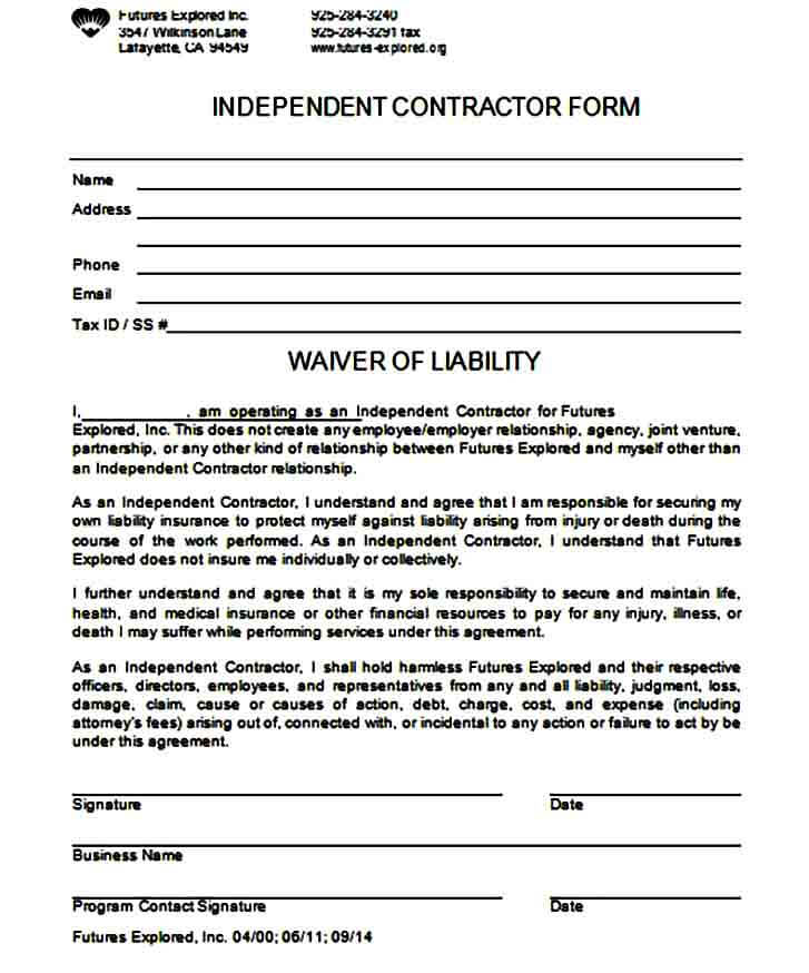 Contractor Liability Waiver Form Templates Fillable Printable 6537