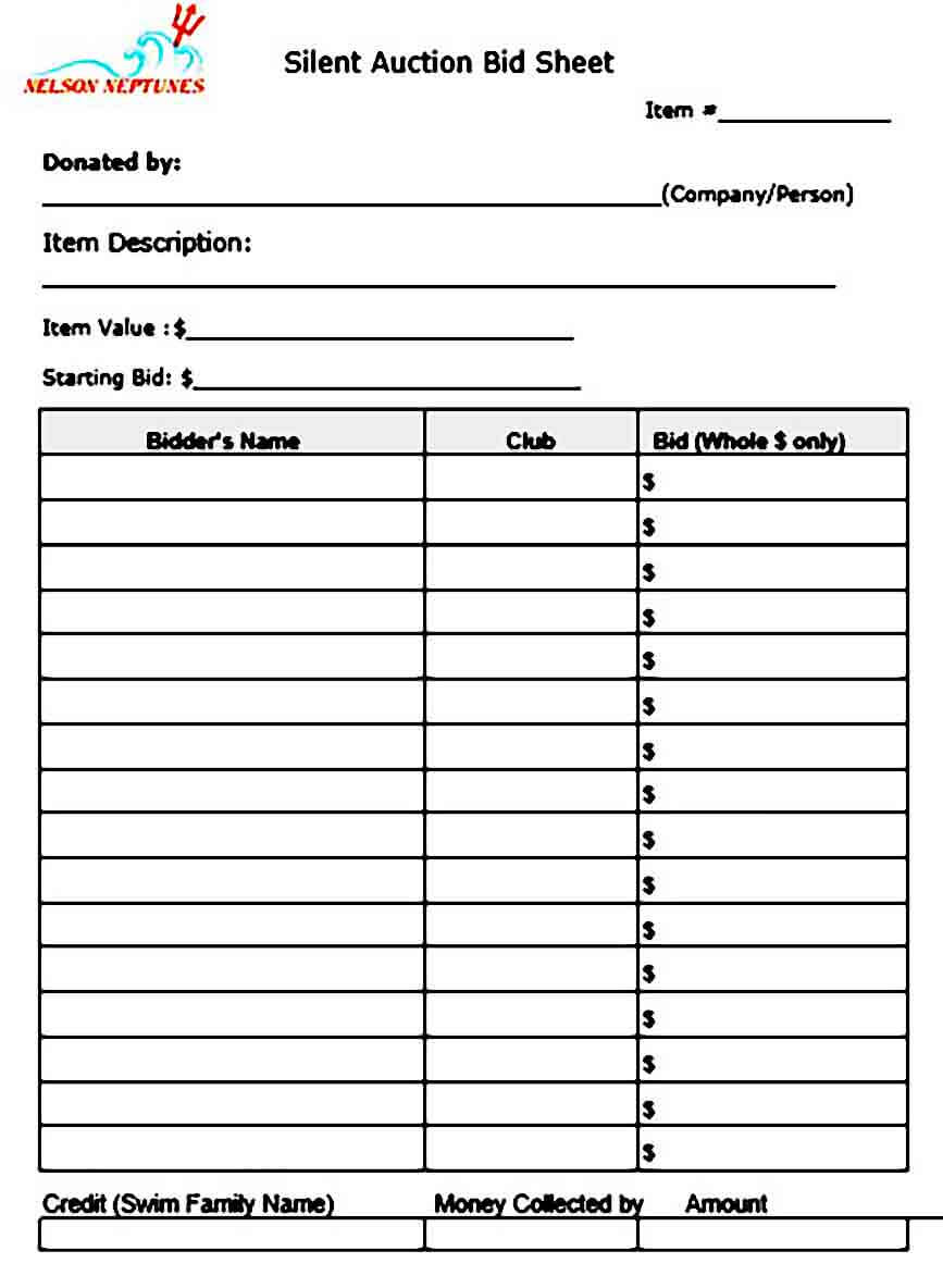 Item Description Silent Auction Bid Sheet