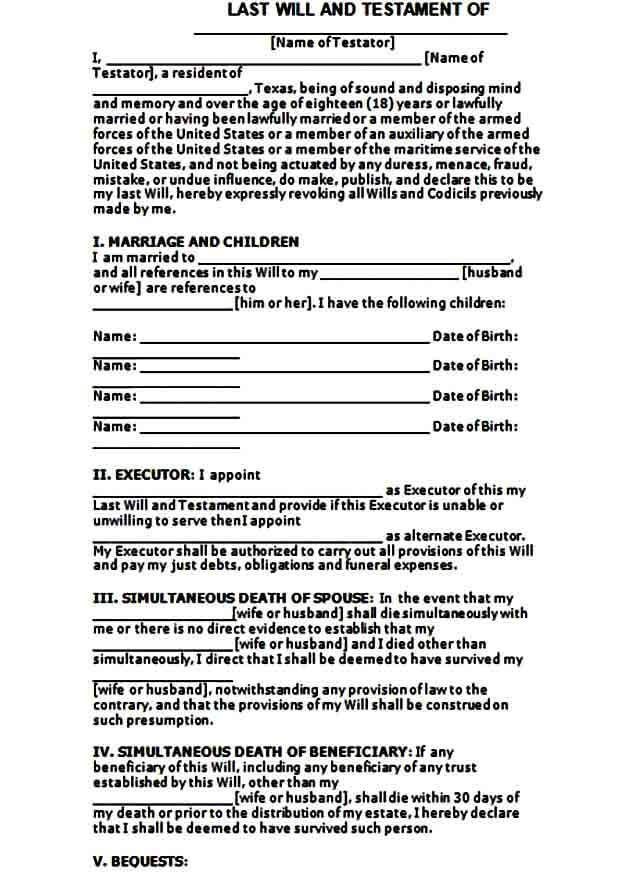 Last Will and Testament Blank Form