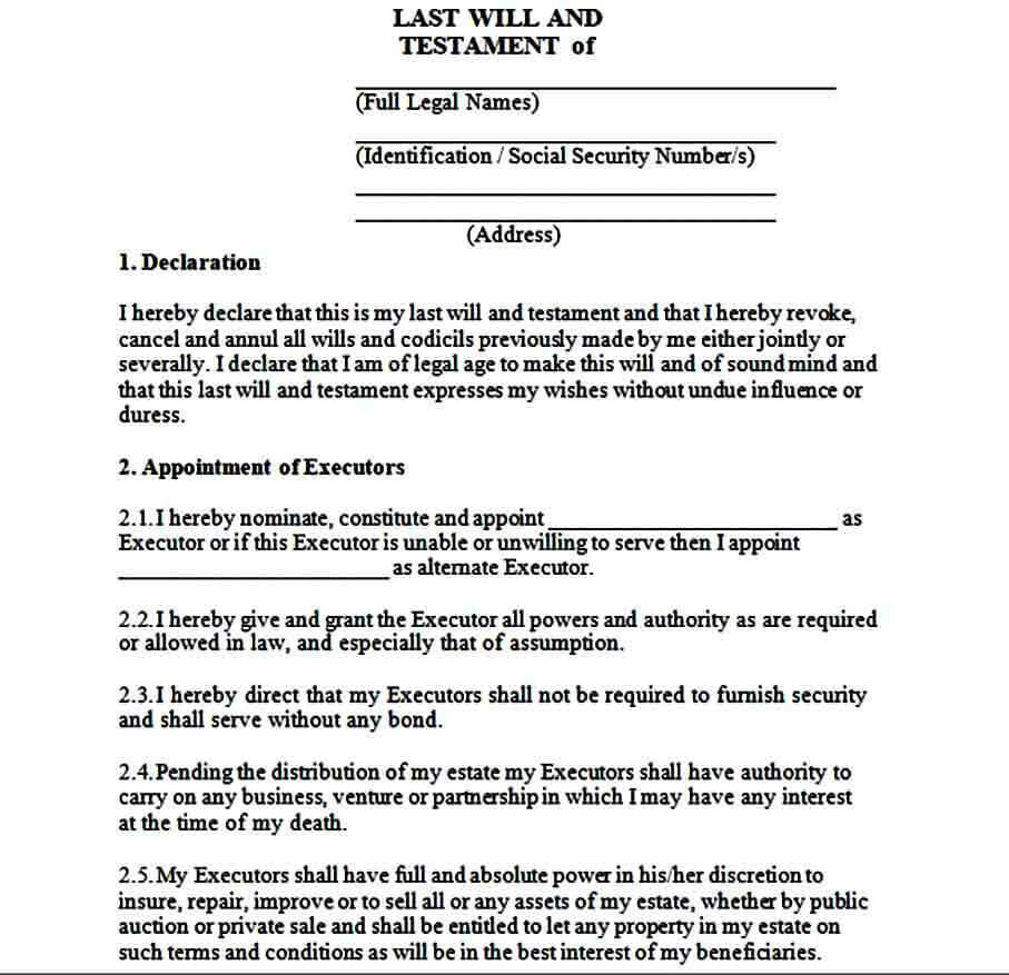 Legal Form Last Will and Testament