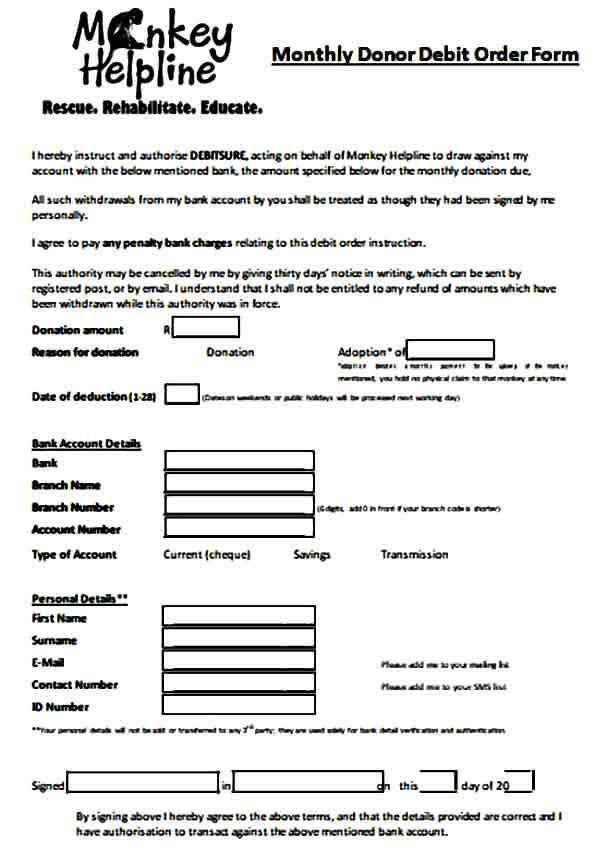 Monthly Donor Debit Order Form