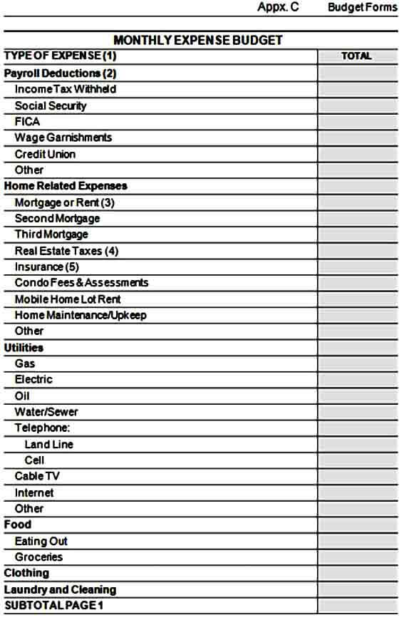 Monthly Expenses Budget Form