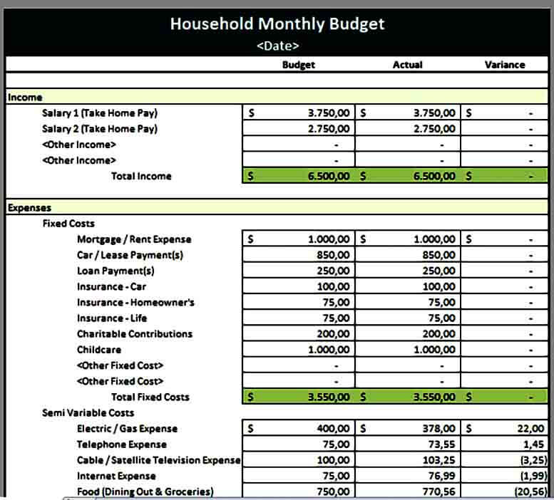 Monthly Household Budget Form