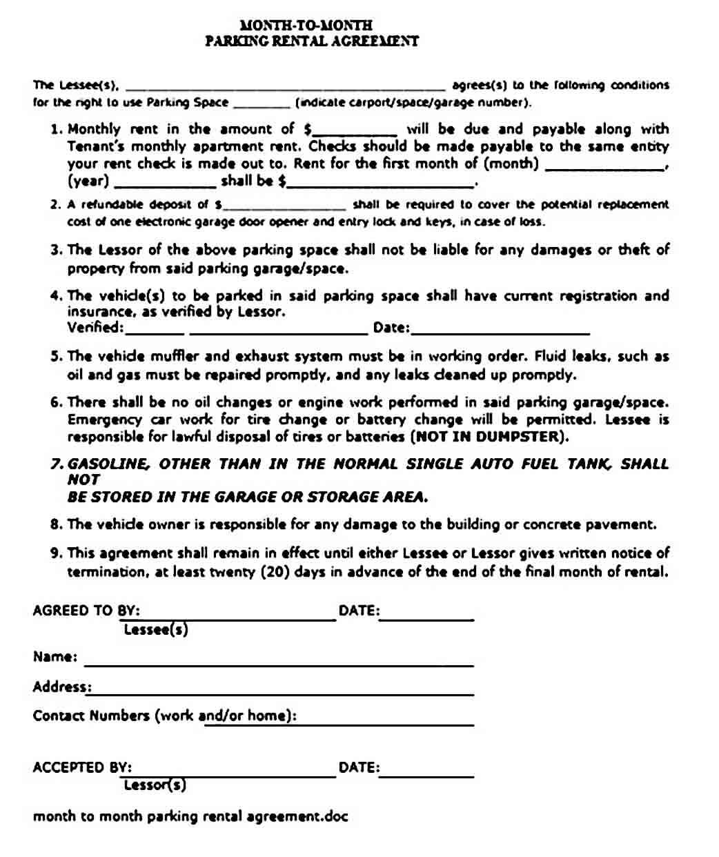 Parking Rental Agreement