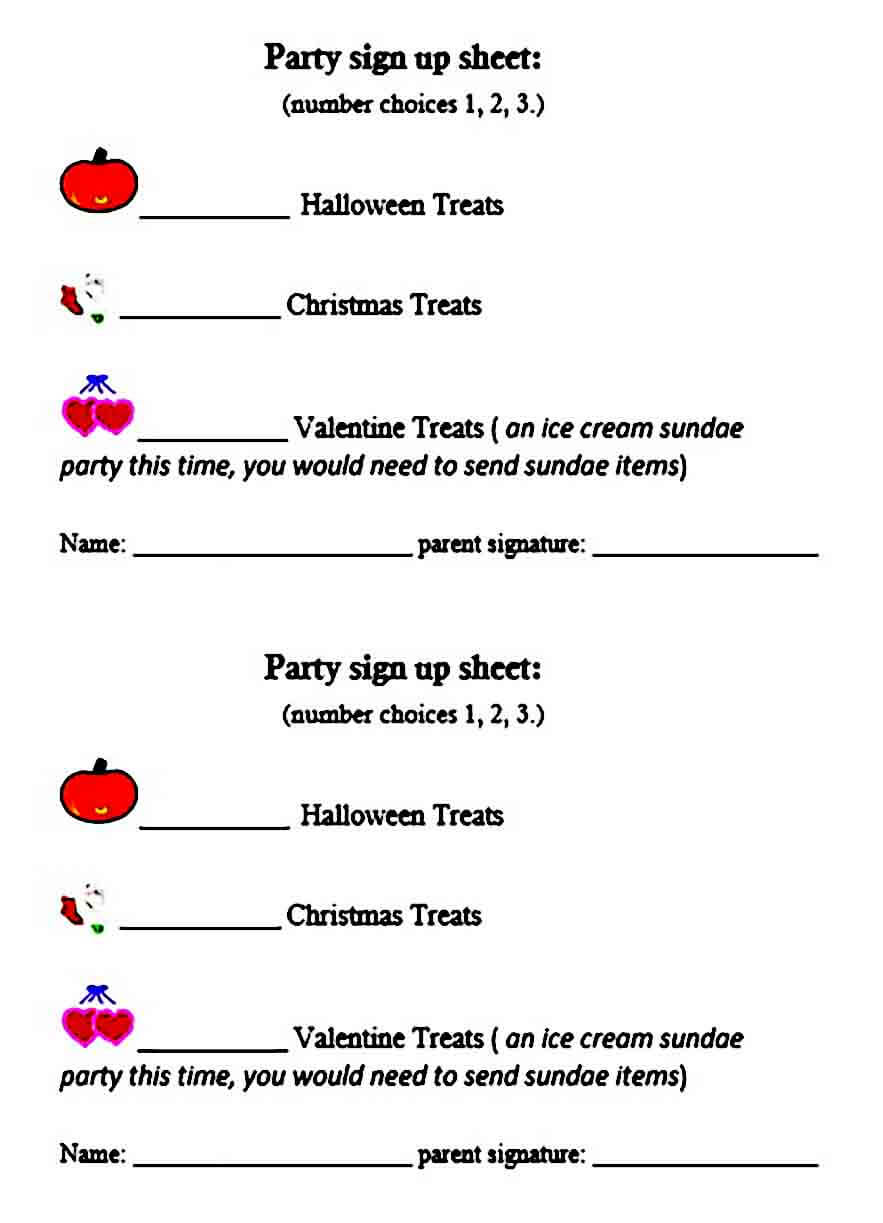 Party Sign up Sheet templates