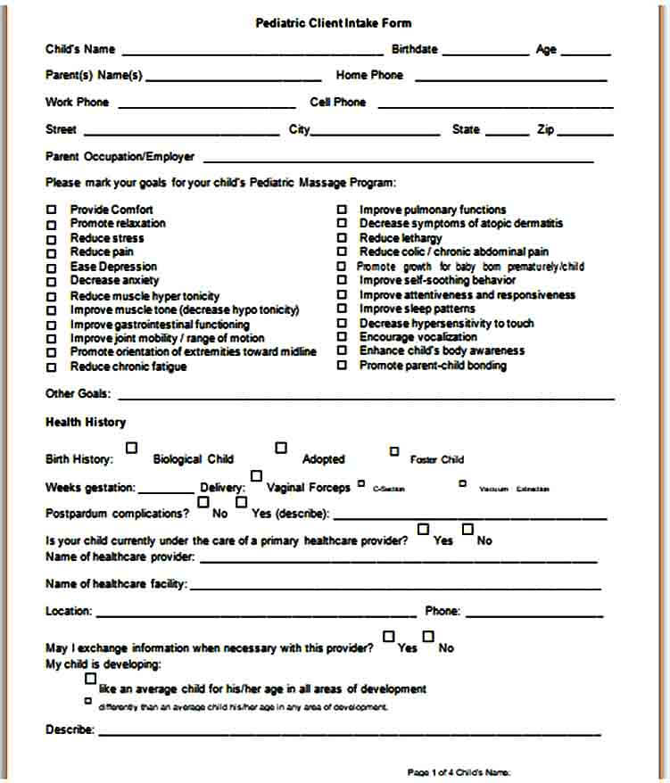 Pediatric Massage Intake Form