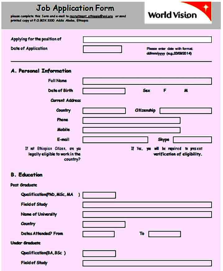 Personal Information Job Application Form Printable