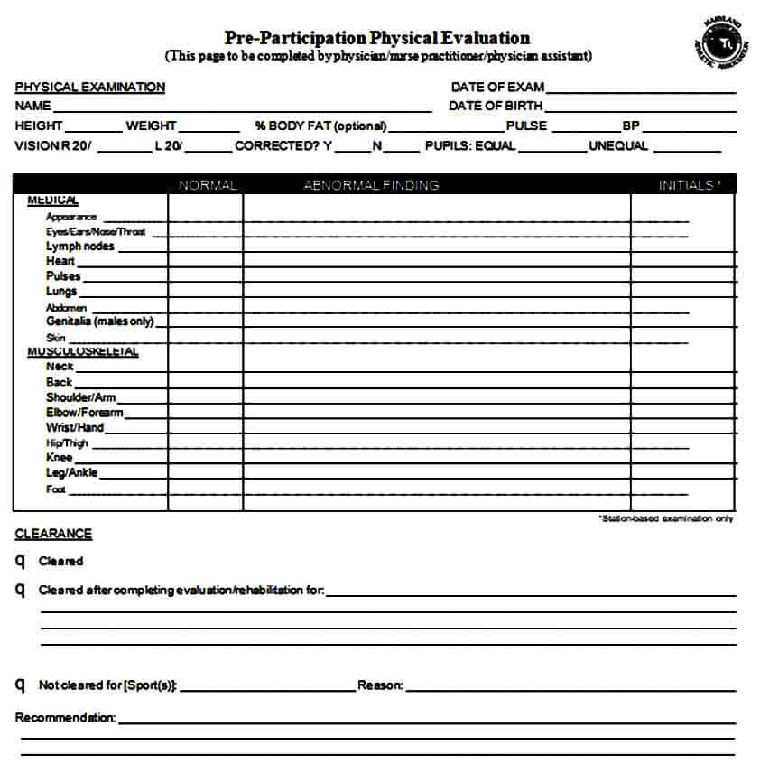 Pre Participation Physical Evaluation Form
