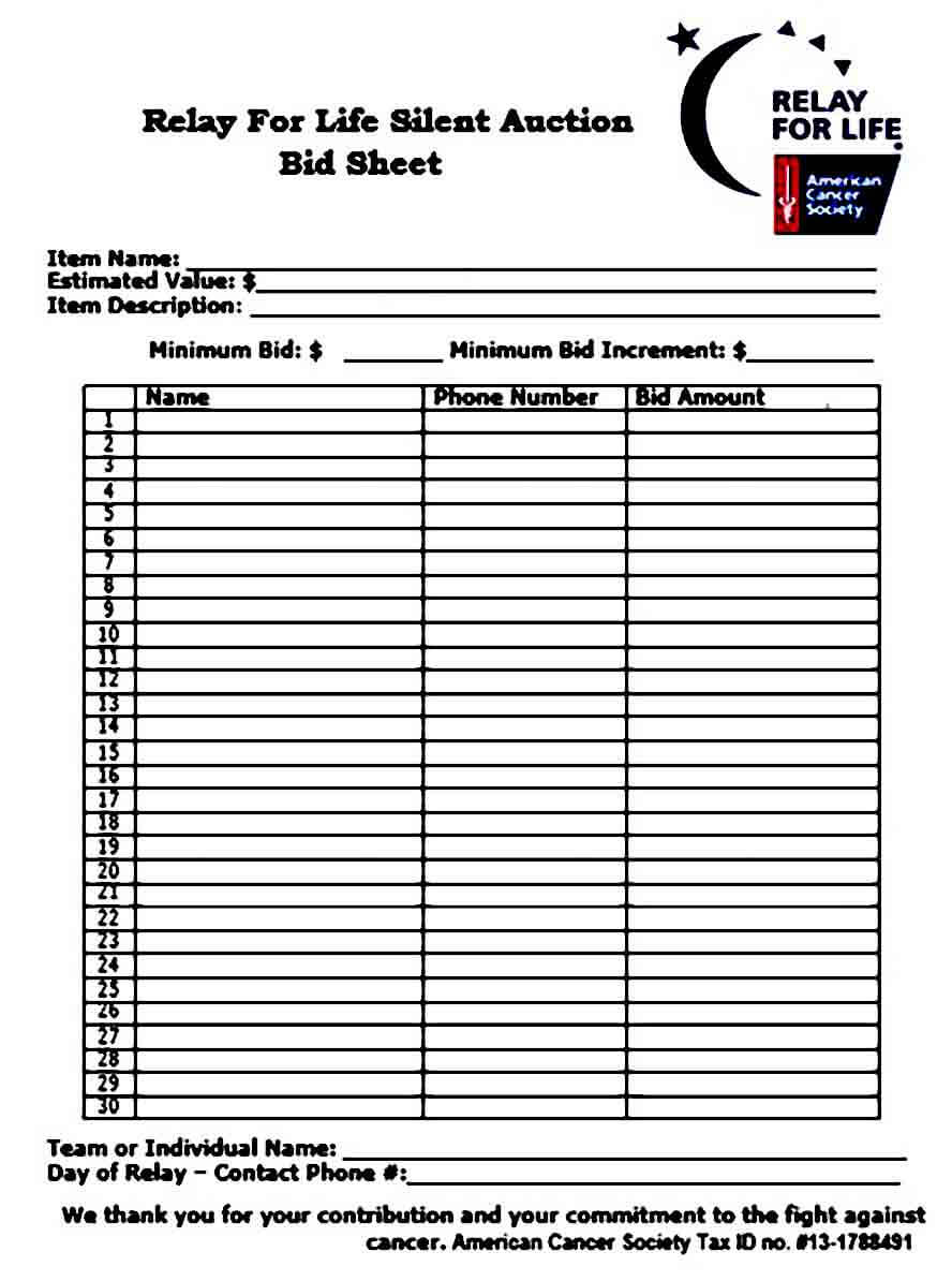 Print Silent Auction Bid Sheet templates