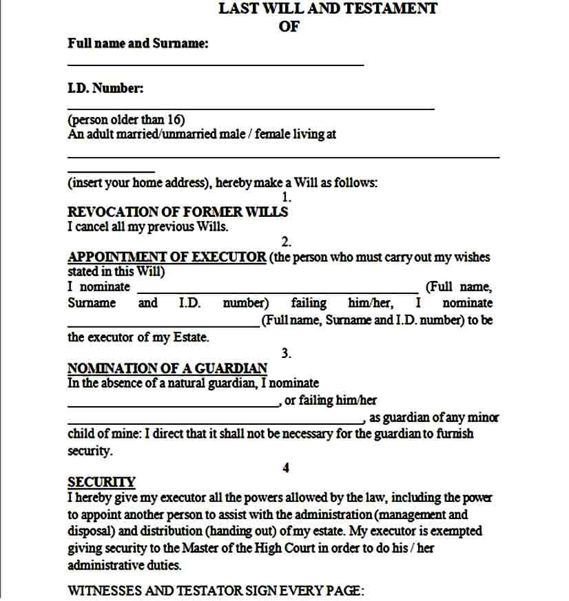 Printable Last Will and Testament Form
