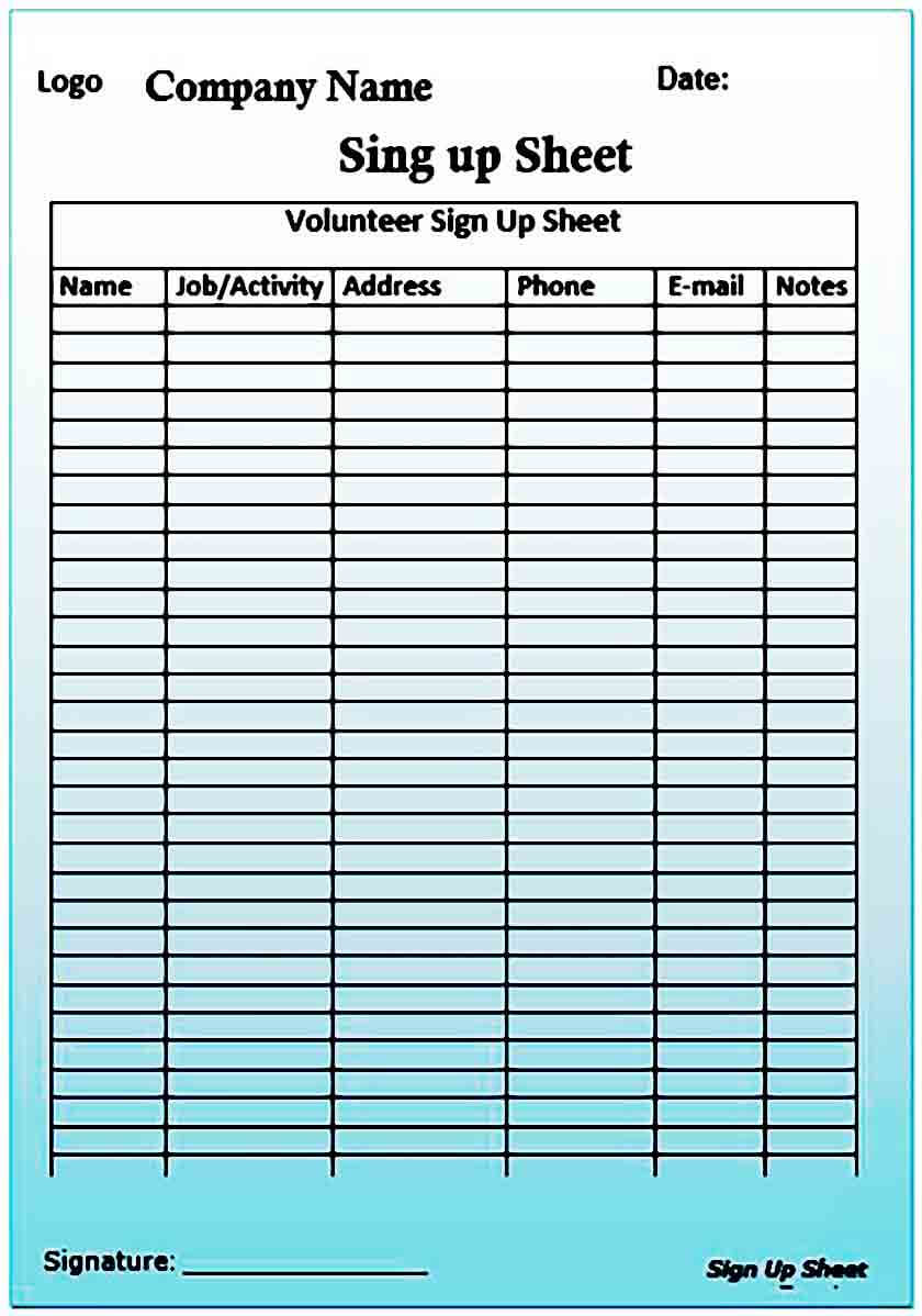 Printable Sign up Sheet templates