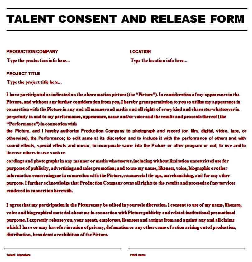 Printable Talent and Consent Release Form