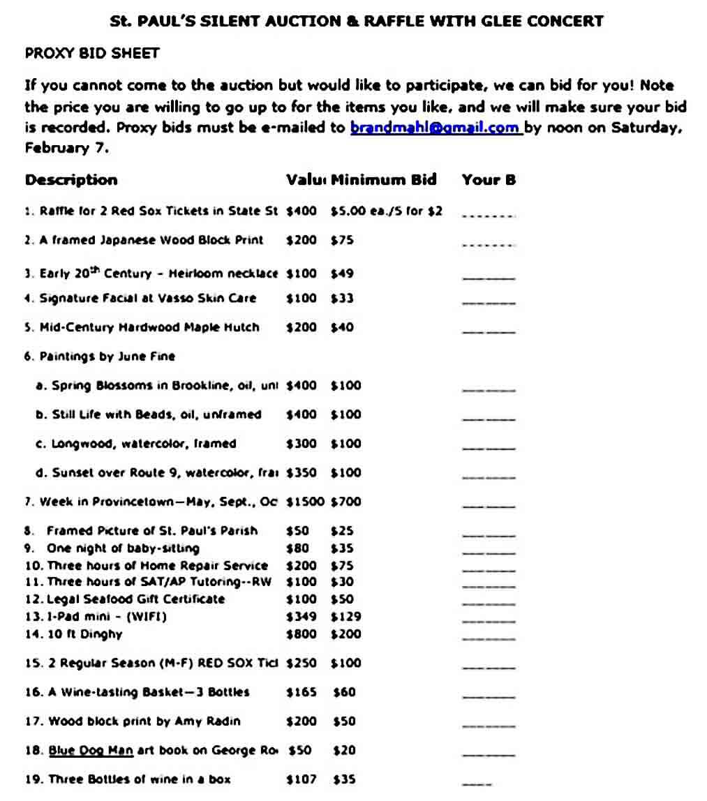 Raffle Silent Auction Bid Sheet