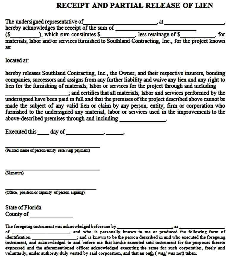 Receipt Partial Release of Lien Form