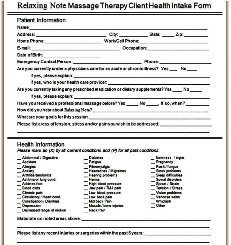 Massage Intake Form Sample | Mous Syusa