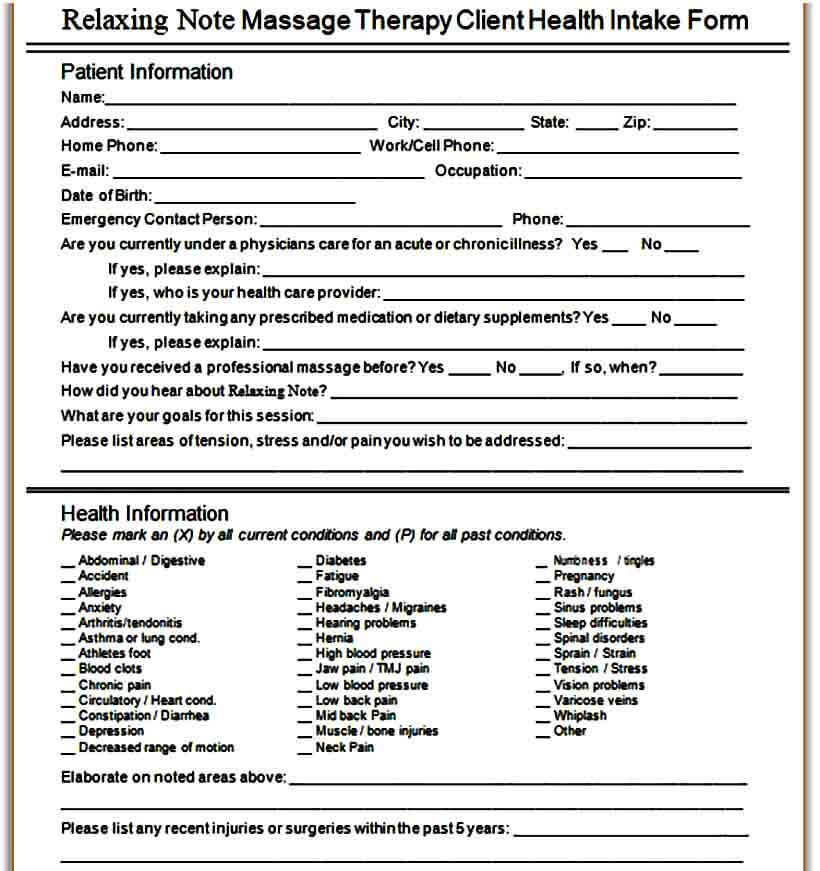 Relaxation Massage Intake Form