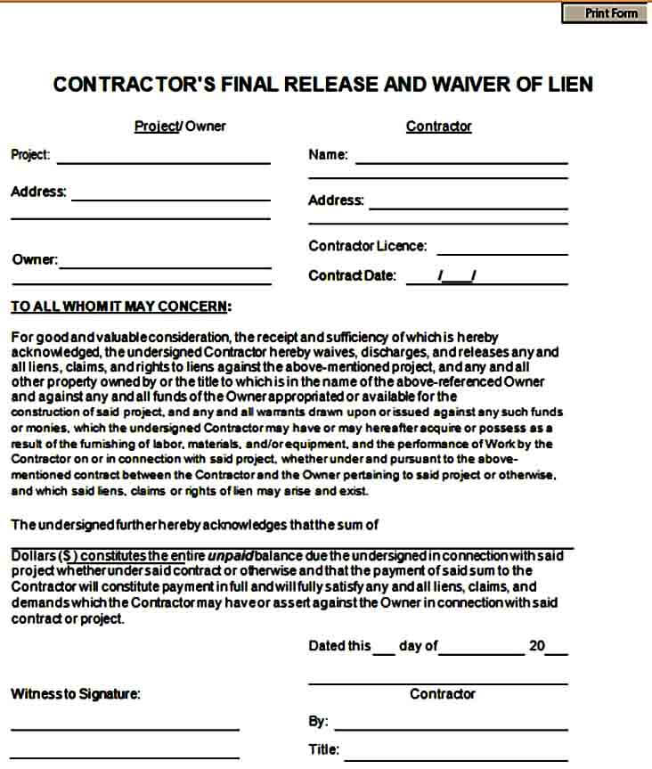 Release of Contractor Lien Form