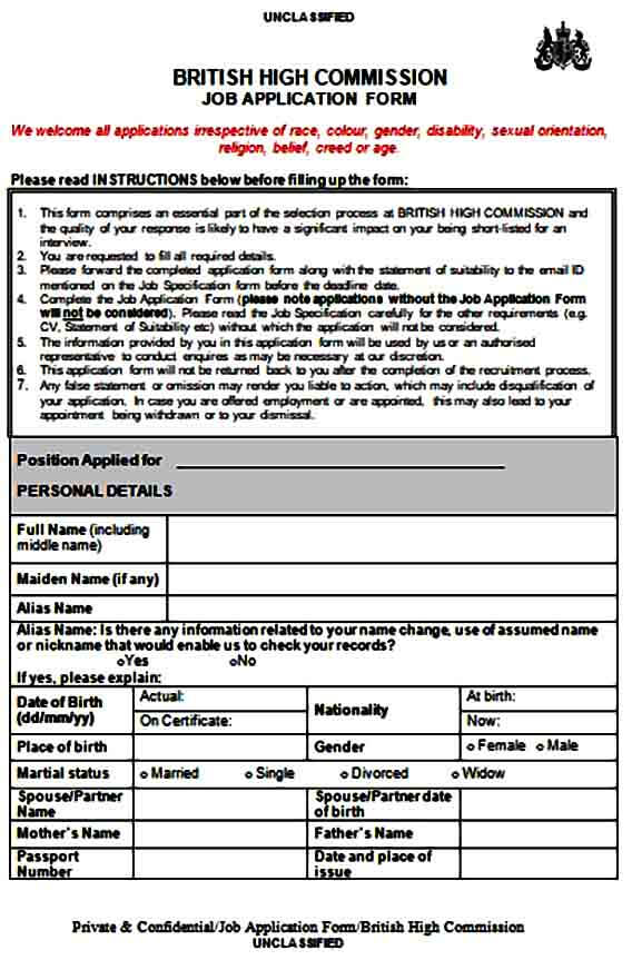 Sample Job Application Form Printable