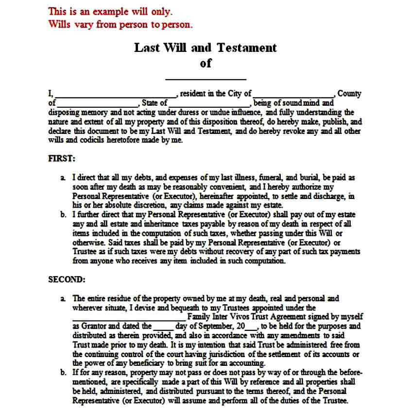 Sample Last Will and Testament Form