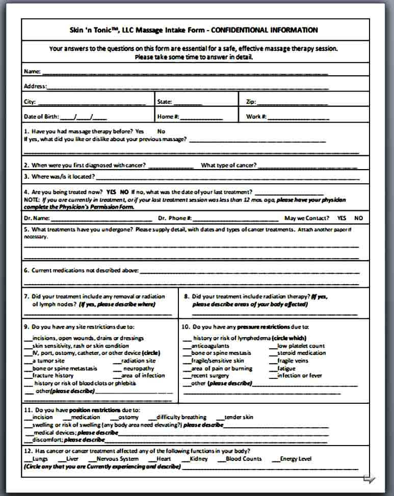 Sample Massage Intake Form