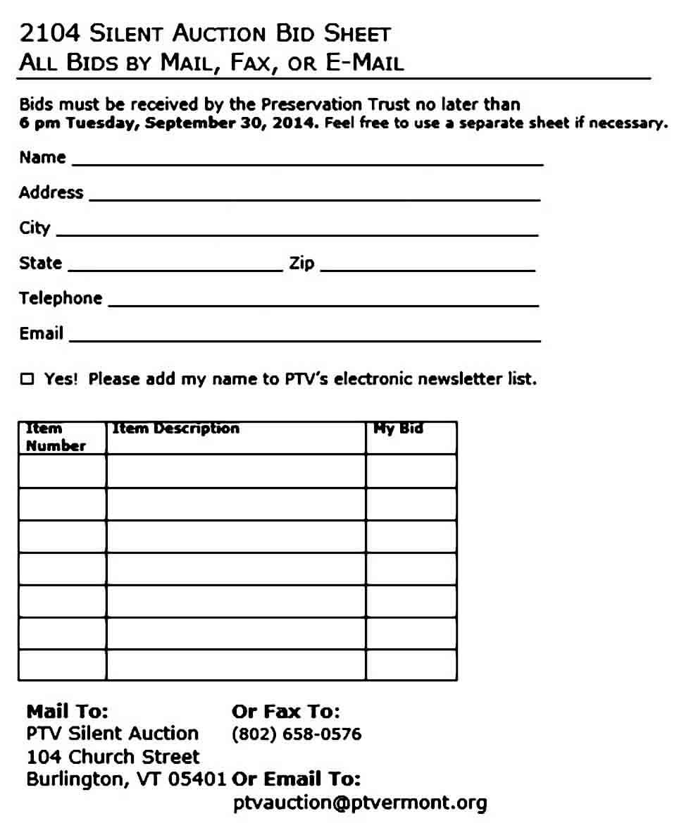 Sample Silent Auction Bid Sheet