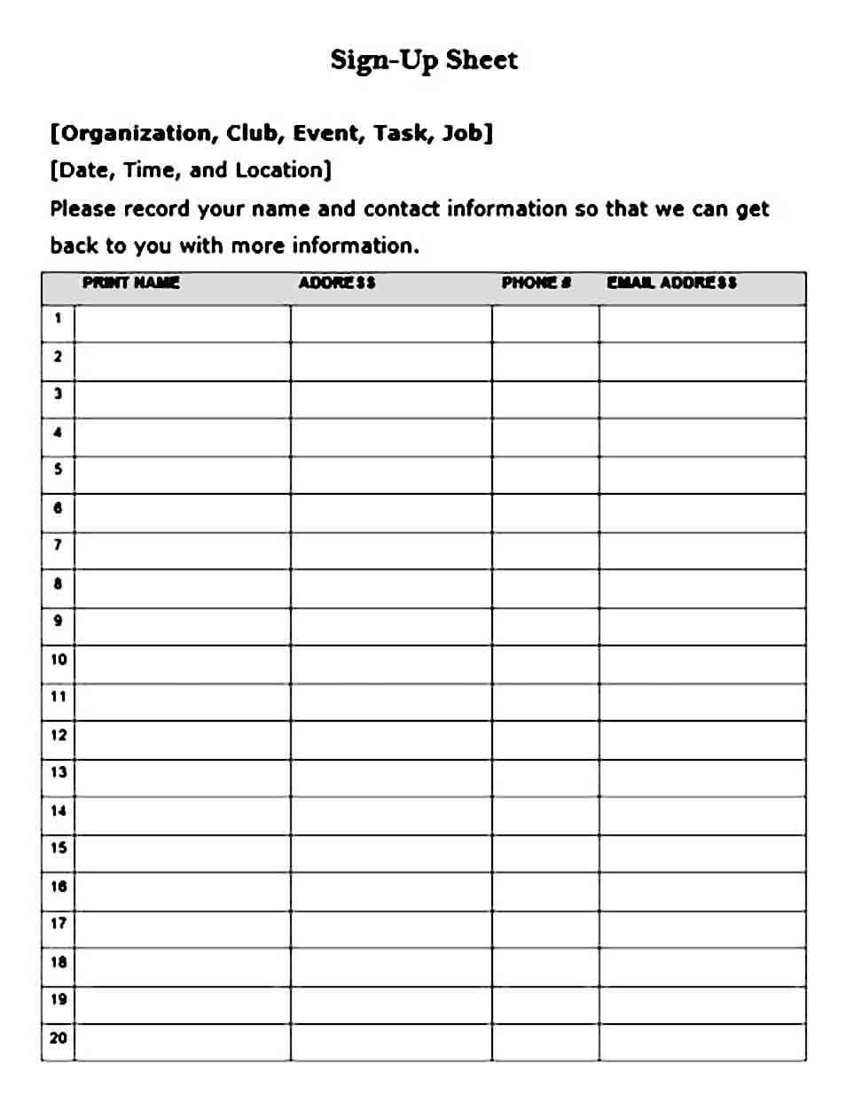 Sign Up Sheet