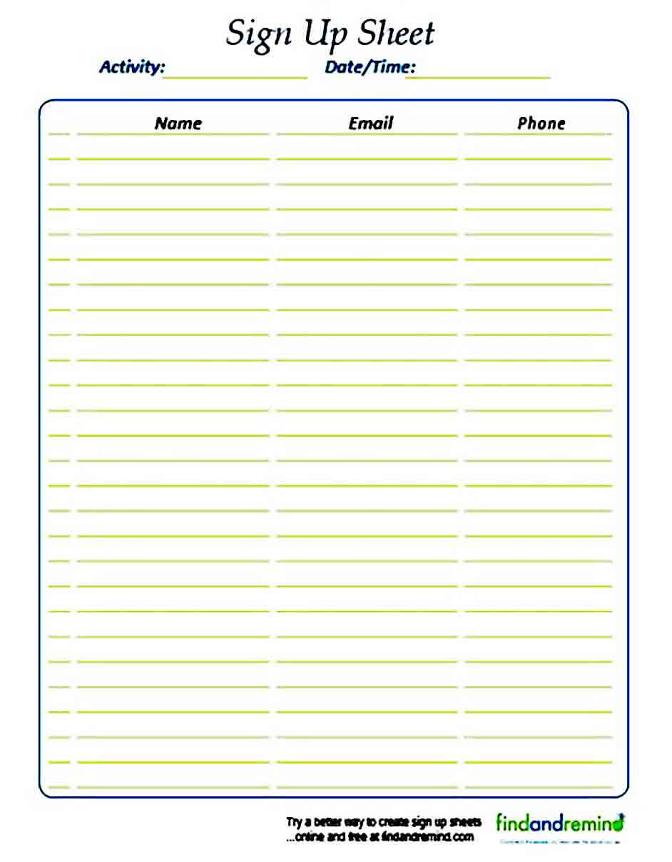 Sign Up sheet templates