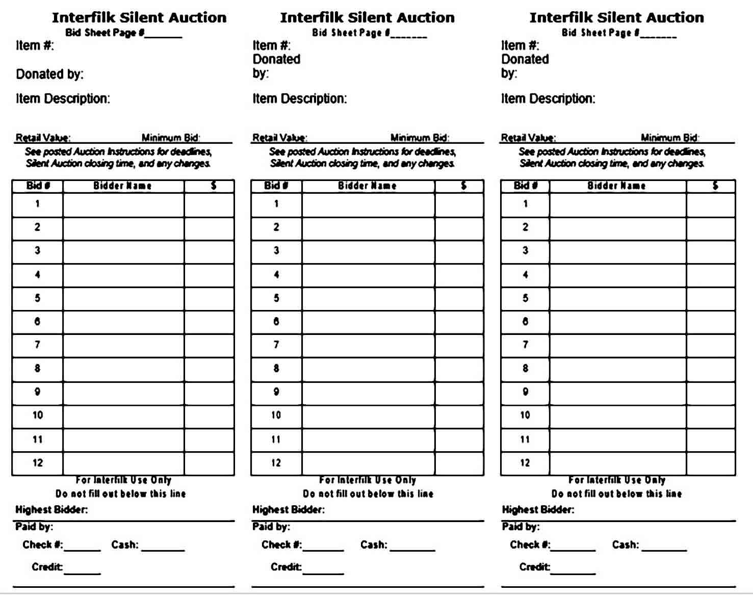 Silent Auction Bid Sheet Example