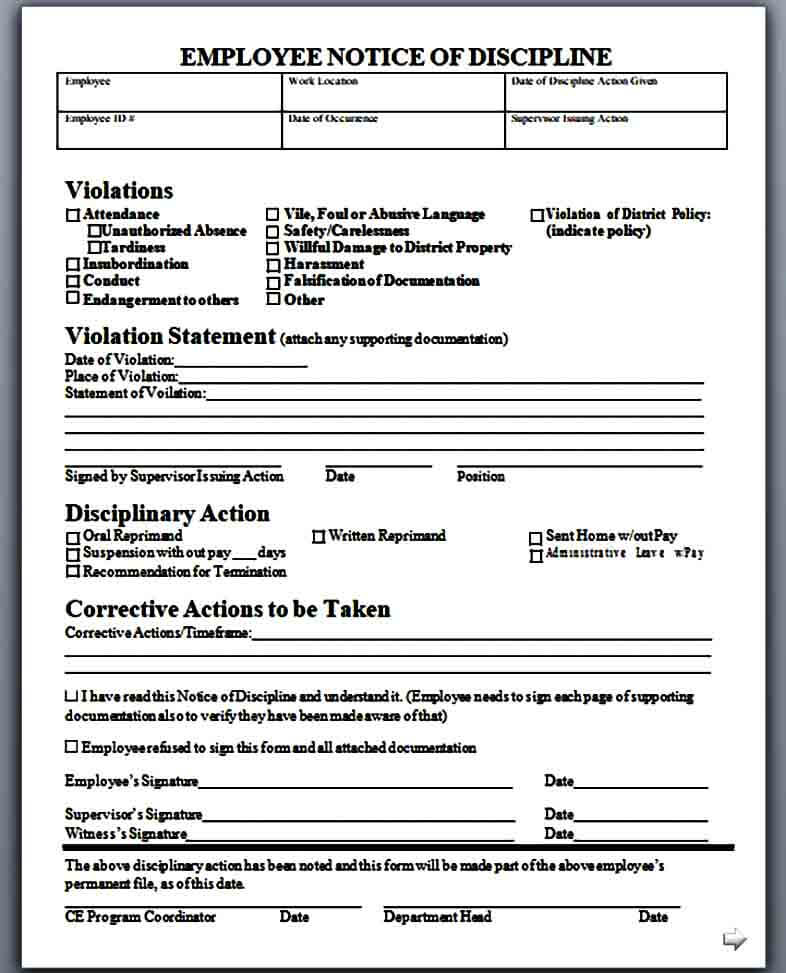 Generic Write Up Forms For Employees