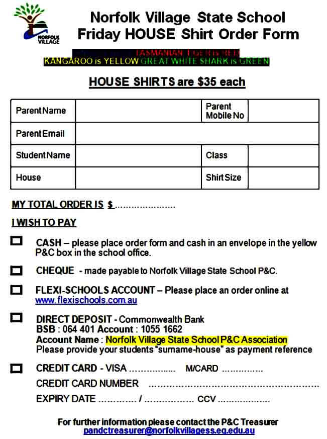 Sports House Shirt Order Form