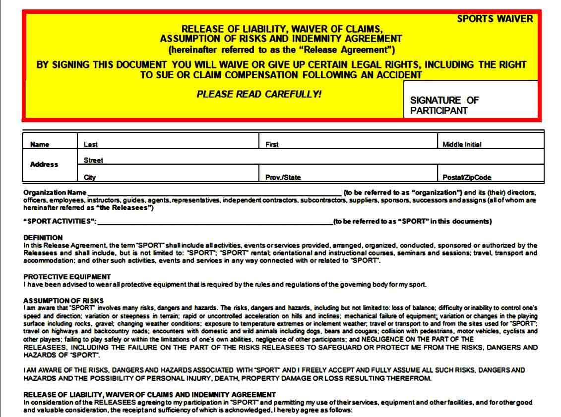 Sports Liability Waiver Form