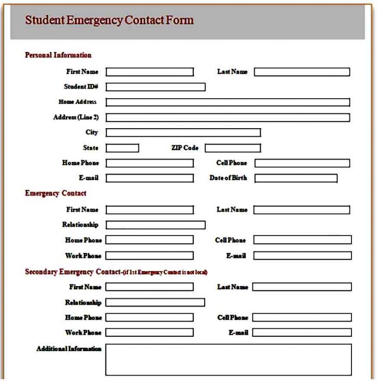 Emergency Contact Form Template | Mous Syusa