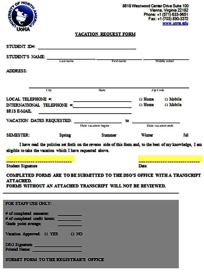 Student Vacation Request Form
