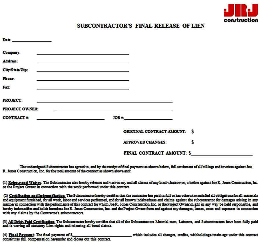 Sub Contractor Release of Lien Form