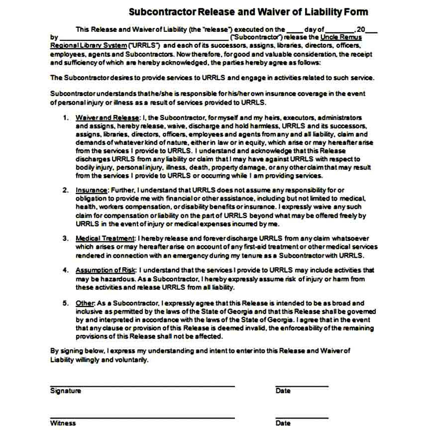 Subcontractor Liability Waiver Form