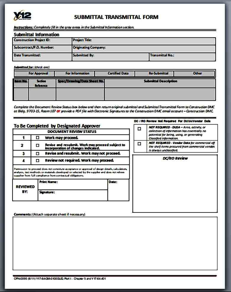 Subcontractor Submittal Transmittal Form