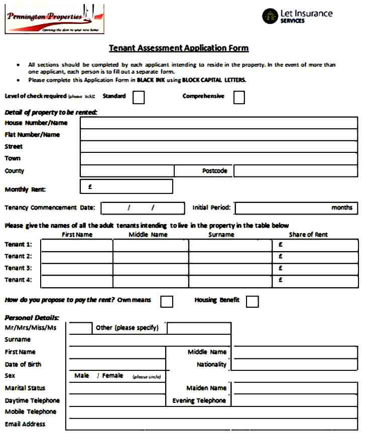 Tenant Assessment Application Form