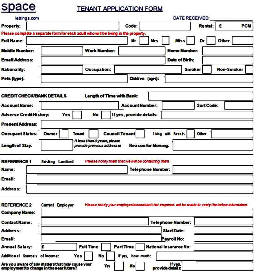 Tenant Rental Application Form