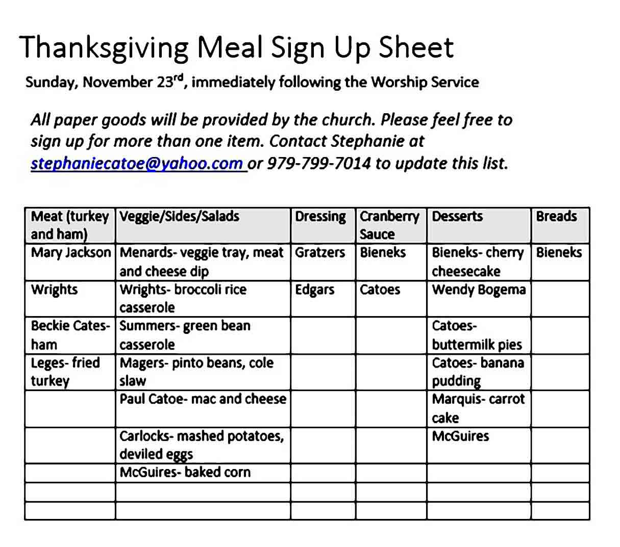 Thanksgiving Meal Sign Up Sheet templates