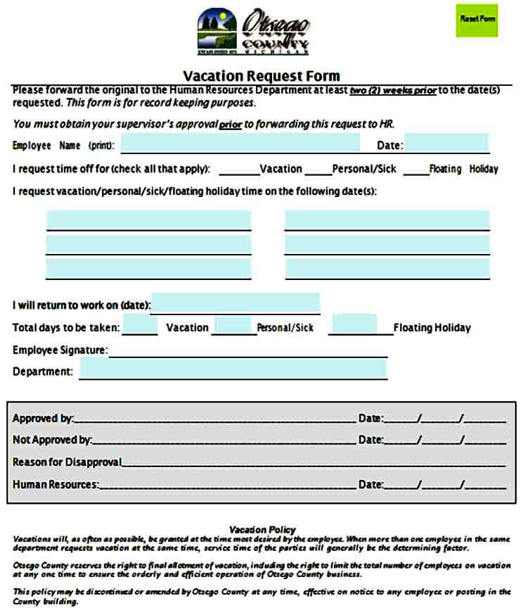 Vacation Request Form Example