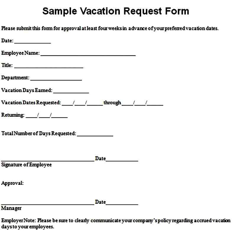 Vacation Request Form Sample