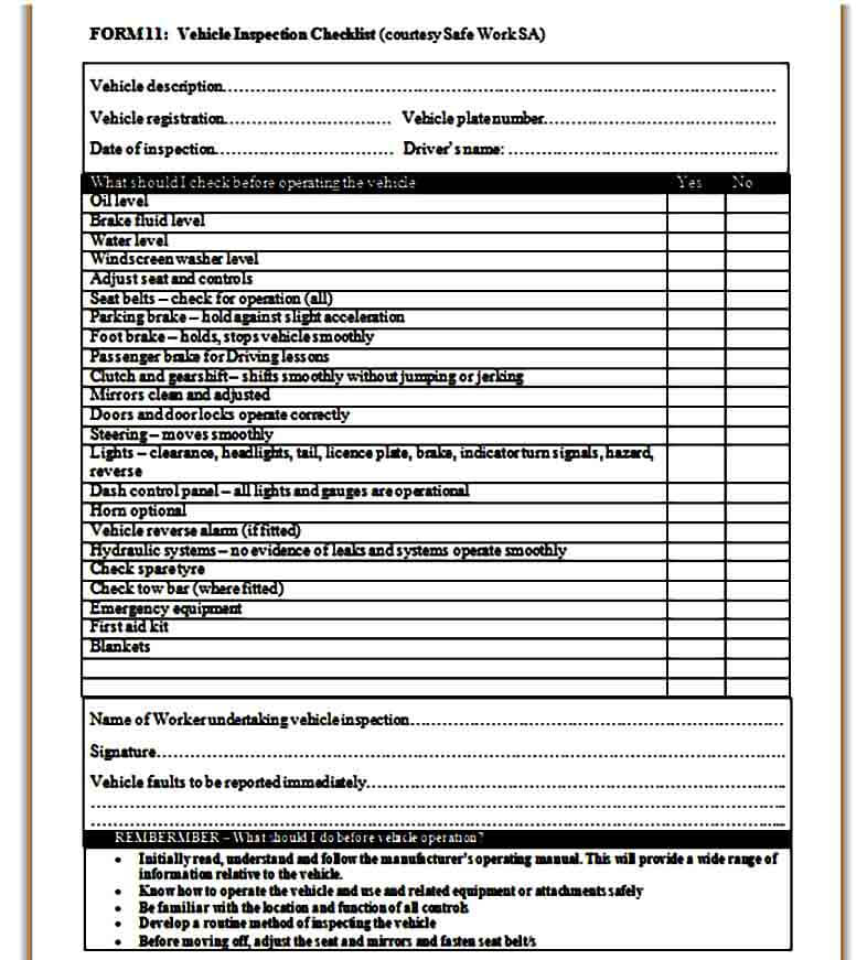 Vehicle Inspection Checklist Form