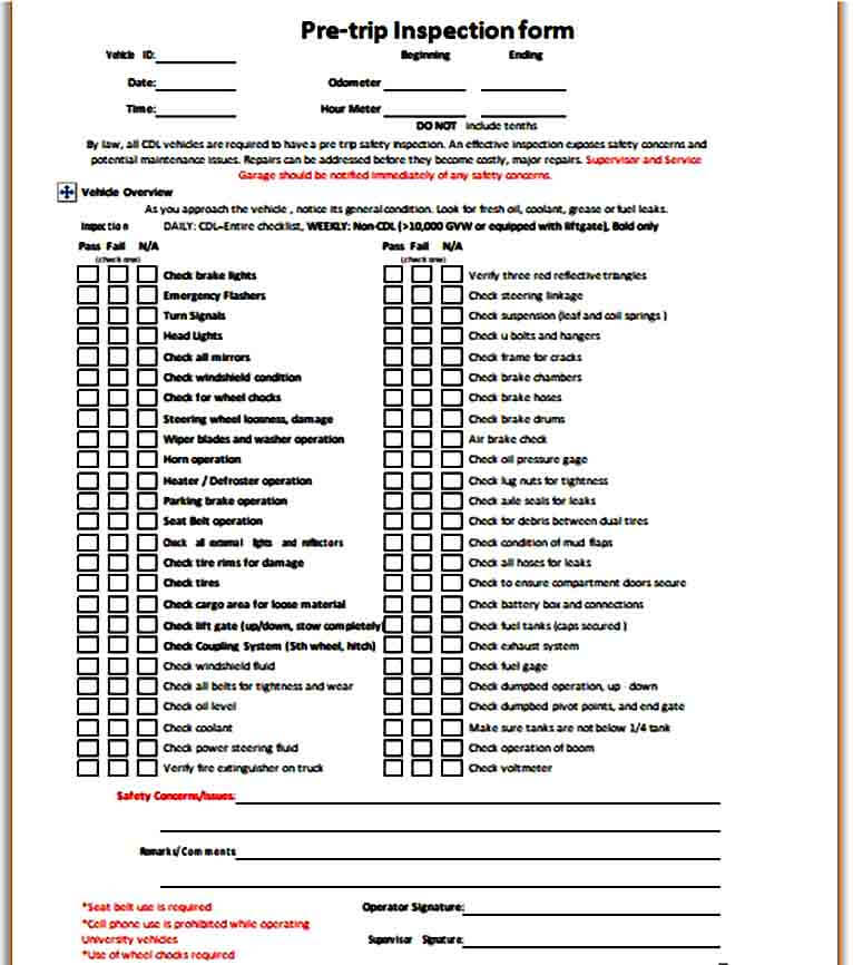 Vehicle Pre Trip Inspection Form