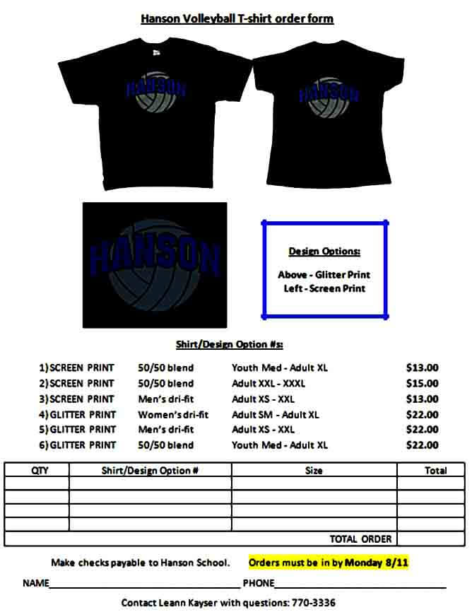 Volleyball Shirt Order Form