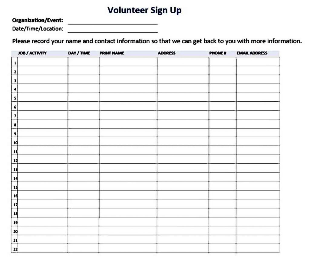 Volunteer Signup Sheet templates