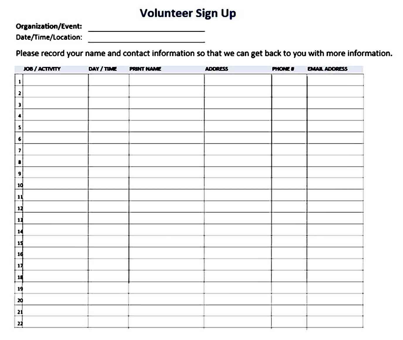 Volunteer Signup Sheet templates