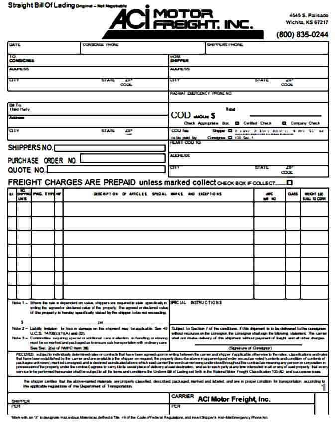 able Bill of Lading Short Form