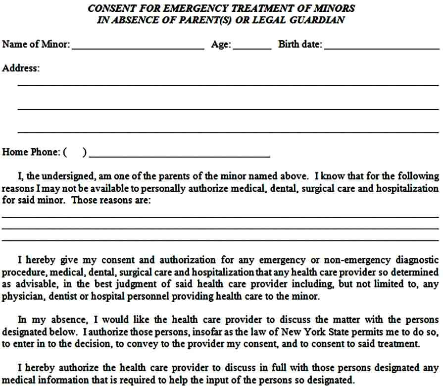 authorization form for emergency treatment