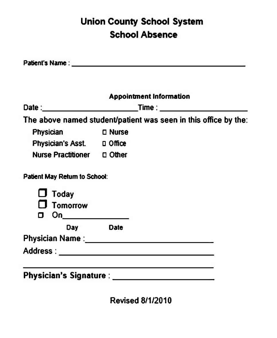 doctor note templates for school