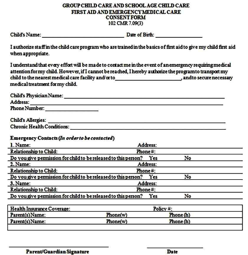 emergency child care medical consent form